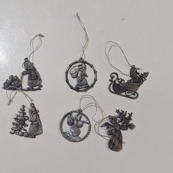 Santas Helpers Pewter Christmas Tree Ornaments Set Of 6 Vintage Holiday Decor - Picture 3 of 4
